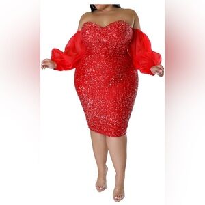 Sequins Dress Plus Size Off Shoulder Puff Sleeve Sparkly Slim Fit Bodycon